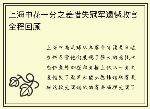 上海申花一分之差惜失冠军遗憾收官全程回顾